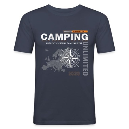 T-Shirt mit Europa Roadtrip 2026 Motiv mit Karte und Kompass für Camper